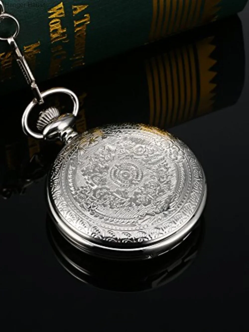 Men's Quartz Pocket Watch with Black Dial, Chain, Gift Box
